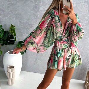 Green Casual Women's Random Floral Print V-Neck Long Sleeve Jumpsuit